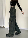 Vevesc Y2K Vintage Cargo Jeans Women Streetwear Denim Cargo Pants Female High Waist Wide Leg Trousers Pocket Loose Casual