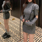 Vevesc Streetwear Beaded Solid Color Puff Sleeve Dress Women 2024 Spring New Half High Neck Sexy Slim Knitted Mini Dress with Sleeves