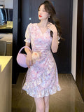 Vevesc 2024 Pink Floral Chiffon Puff Sleeve Sexy Mini Dress Women Fashion Elegant Party Evening Dress Summer Casual Beach Mermaid Skirt
