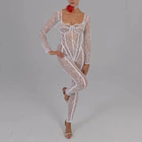 Vevesc Sheer Lace Bodycon Jumpsuits for Woman Long Sleeve Sexy Lingerine Outfit Fall Winter Club Outfits For Women Rompers