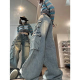 Vevesc Y2K Cargo Jeans Women Streetwear Multi-Pocket Wide Leg Denim Pants Harajuku Vintage High Waist Baggy Casual Trousers New