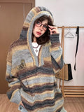 Vevesc Hooded Fashion Knitted Striped Clashing Pullover Sweaters Women Casual Loose Long Sleeve Jumper Vintage Female Streetwear