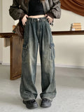 Vevesc Y2K Vintage Cargo Jeans Women Streetwear Denim Cargo Pants Female High Waist Wide Leg Trousers Pocket Loose Casual