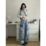 Vevesc Heavy Industry Cargo Jeans Women Vintage Oversize Pocket Wide Leg Streetwear Gyaru Denim Pants Trousers Aesthetic