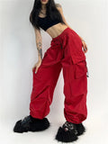 Vevesc Cyber Y2K Red Parachute Pants Women Kpop Streetwear Gray Cargo Trousers Oversized Egirl Punk Black Wide Leg Pantalones