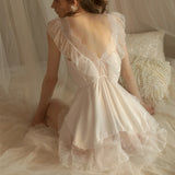 Vevesc French Romantic Nightdress Women's Nightgown V-neck Chemise Sleepwear Lace Nightwear Soft Lingerie for Women