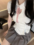 Vevesc Korean Slim White Shirt Tunics Woman Sexy Heart Hollow Out Cute Puff Sleeve School Shirt Preppy Style Tops Jk Uniform
