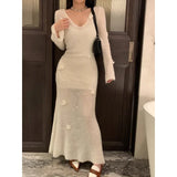 Vevesc 2024 Autumn New Korean V-neck 3D Flower Sexy Slim Elegant Knitted Long-sleeved Dress Women + White Sling Dress Two-piece Suit