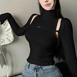 Vevesc Autumn New Streetwear Solid Color All Match Long-sleeved T-shirt Women + High Collar Sexy Slim Camisole Two-piece Suit