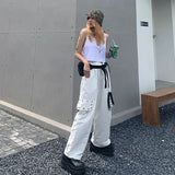 Vevesc Gothic Techwear Black Cargo Pants Women Punk Chain Pockets White Wide Leg Trousers Female Harajuku Streetwear Mall Goth