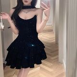 Vevesc Off-shoulder Sexy Slim Sequins Velvet Black Party Dress Women 2023 Autumn New Korean Solid Color All Match Halter Mini Dress