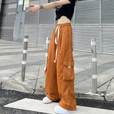 Vevesc Streetwear Women Oversize Solid Cargo Pants Elastic Waist Drawcord Loose Harajuku Hip Hop Casual Wide Leg Sports Trousers