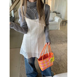 Vevesc 2024 Spring New Korean Hollow Loose Casual Asymmetric Lace Sling Dress Women + Solid Color Long-sleeved T-shirt Two-piece Suit