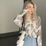 Vevesc New Retro Sweet Cool Tie-dye Knitted Cardigan Female Fall Korean Fashion Streetwear Loose Sweater Short Y2K Tops Women Clothing