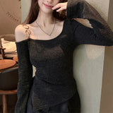 Vevesc Korean Strapless Chain Sexy Knitted Long-sleeved T-shirt Women 2024 Spring New High Street Fashion All Match Asymmetric Tops
