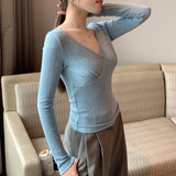 Vevesc V-neck Lace Splicing Casual Long-sleeved T-shirt Women Autumn New Korean Solid Color All Match Thread Crop Tops