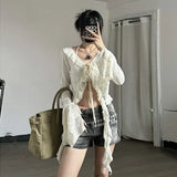 Vevesc Vintage Distressed Frayed Sexy Long-sleeved Shirt Women 2024 Spring New V-neck Ruffled Lace-up Solid Color Casual Crop Tops