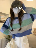 Vevesc Rainbow Striped Loose Sweet Y2k Sweaters Women Grunge Harajuku Aesthetic Pullovers Japanese Contrast Color Casual Sueter Mujer