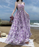 Vevesc French Vintage Purple Print Long Dresses for Women 2023 Summer Sexy Backless Sleeveless Ruffles Beach Holiday Female Clothing