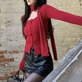 Vevesc Square Neck Threaded Casual Red Long-sleeved T-shirt Women 2024 Spring New Korean Single-breasted Sexy Slim Crop Top with Scarf