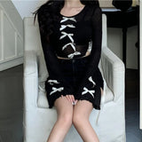 Vevesc High Street Fashion Bow Stitching Mesh Long-sleeved T-shirt Women Autumn New O-neck Sexy Slim Lace-up Black Crop Tops