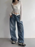 Vevesc Vintage Y2k Jeans Women Baggy Kpop Gyaru Streetwear Wide Blue Denim Pants Harajuku Korean Acubi Fashion High Waist Jeans
