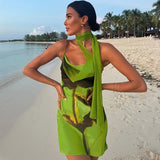 Vevesc Halter Backless Mini Dress Beach Vacation Outfits Sexy Green Floral Summer Dresses For Women 2024 Y2K Clothing