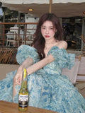 Vevesc Summer Vintage Fairy Floral Dress Women Casual Princess Long Split Dress Female Elegant Korean Evening Party Dress Ruffles