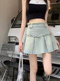Vevesc Y2k American Vintage Denim Skirts Raw Edge Pleated Design Streetwear Skirt Punk Gothic Harajuku High Waist Summer 2000s Clothing