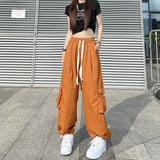 Vevesc Streetwear Women Oversize Solid Cargo Pants Elastic Waist Drawcord Loose Harajuku Hip Hop Casual Wide Leg Sports Trousers
