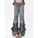 Vevesc Y2k Vintage Flare Jeans Women Bow Patchwork Korean Streetwear Baddies Denim Pants Harajuku Fashion Gyaru Trousers Acubi