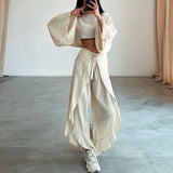 Vevesc Spring Casual Solid Cotton Linen Suit Summer O Neck Crop Top+Lace-up Ruffle Pants Outfit Sets for Women Flare Sleeve Hollow 2pcs