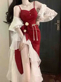 Vevesc French Vintage Fairy Mermaid Dress Women Lace Korean Party Princess Strap Dress Female 2023 Spring Court Sweet Lolita Midi Dress
