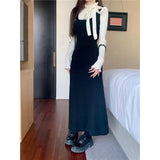 Vevesc O-neck Lace-up Ruffled Elegant Long-sleeved Dress Women 2024 Spring New Korean Contrast Color Patchwork Casual Knitted Dress