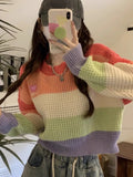 Vevesc Rainbow Striped Loose Sweet Y2k Sweaters Women Grunge Harajuku Aesthetic Pullovers Japanese Contrast Color Casual Sueter Mujer