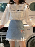 Vevesc Harajuku Sweet Y2k Skirts High Waist Bow Forked Lace Patchwork Denim Mini Skirt Summer Oversized Female Slim 2000s Girl Clothing