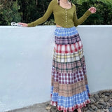 Vevesc Fashion Vintage Skirts for Women Plaid Stitching Design Aesthetics High Waist Long Skirt Spring Summer All Match Loose Clothing