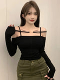 Vevesc Sexy Crop Tops Tees Spring Slim Fit Slash Neck With Bare Shoulders Bare Back Solid Color Full Sleeve Women Short T-Shirts
