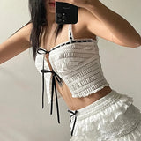 Vevesc Sweet White Women Top Camisole Shirring Cutecore Front Tie-Up Summer Crop Tops Split Coquette Clothes Lolita Kawaii