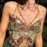 Vevesc  Sexy Woman Crystal Chain Butterfly Embroidery Sleeveless Backless Adjustable Ultra Short Top Music Prom