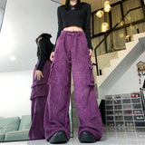 Vevesc Y2K Cargo Pants Women Streetwear Corduroy Wide Leg Sweatpants Harajuku Pockets Baggy Joggers Autumn Winter Casual Trousers