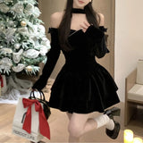Vevesc Off-shoulder Sexy Slim Velvet Black Long-sleeved Dress Women 2024 Spring New Korean Fashion Bow Pleated Halter Party Dress