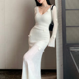 Vevesc 2024 Autumn New Korean V-neck 3D Flower Sexy Slim Elegant Knitted Long-sleeved Dress Women + White Sling Dress Two-piece Suit