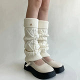Vevesc Korea Wool Knitted Leg Warmers Metal Label Women Calf Socks Vintage Winter Y2K Japanese Harajuku Pile Long Socks Leg Covers