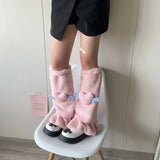 Vevesc Kawaii Pink Love Heart Fur Leg Warmers Winter Y2K Sweet Leg Covers Rabbit Bow Plush Fur Warm Harajuku Boot Cuffs JK Lolita Sock