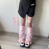 Vevesc Kawaii Pink Love Heart Fur Leg Warmers Winter Y2K Sweet Leg Covers Rabbit Bow Plush Fur Warm Harajuku Boot Cuffs JK Lolita Sock