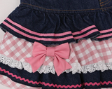 Vevesc Fashion Sweet Skirts for Women High Waist Plaid Bow Patchwork Denim Summer Skirt Preppy Style Loose All Match