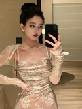 Vevesc Vintage Elegant Bandage Mermaid Dress Spring Long Sleeve Lace Evening Party Prom Robe Women Casual Square Collar Vestidos Mujer