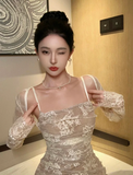 Vevesc Vintage Elegant Bandage Mermaid Dress Spring Long Sleeve Lace Evening Party Prom Robe Women Casual Square Collar Vestidos Mujer