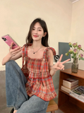 Vevesc 2024 Summer New Fungus Vest for Women Fashion Vintage Red Plaid Tank Top Y2k E-Girl Sleeveless Straight Loose Camisole Tops